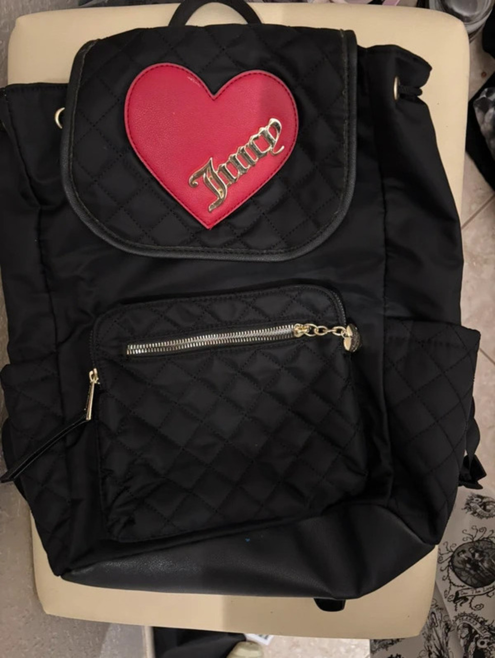 Juicy Couture Black Quilted Backpack with Red Heart Patch